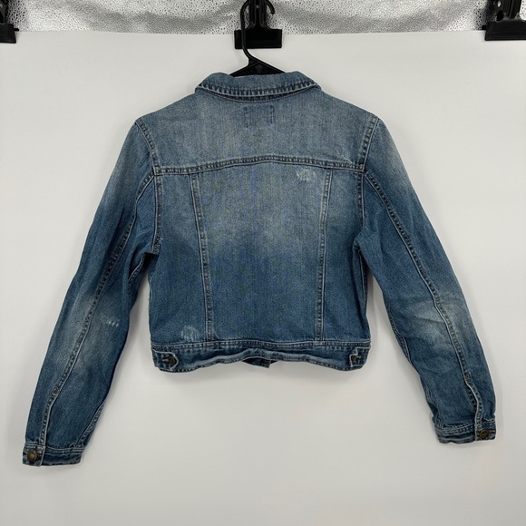 Y2K Bongo Women's Medium Wash Distressed Cropped Denim Trucker Jacket Size Large - Picture 5 of 8